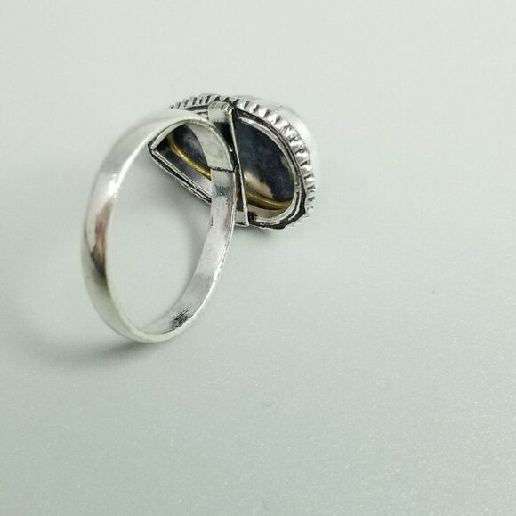 Vintage Blue Speckled Drop Shape Ring, Silver Tone Bezel Set Size 9 Band - Picture 5 of 8